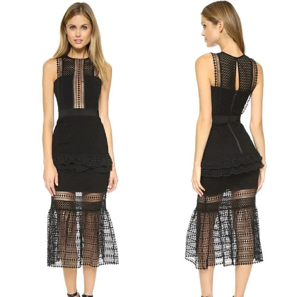 Authentic Self-Portrait Frilled Column Dress Mesh Laser Cut Dress